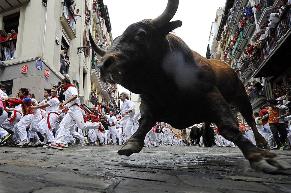 Participants run in front of Cebada Gago bulls during the third bull run of the San Fermin festival in the Northern Spanish city of Pamplona. The festival is a symbol of Spanish culture that attracts thousands of tourists to watch the bull runs despite heavy condemnation from animal rights groups .